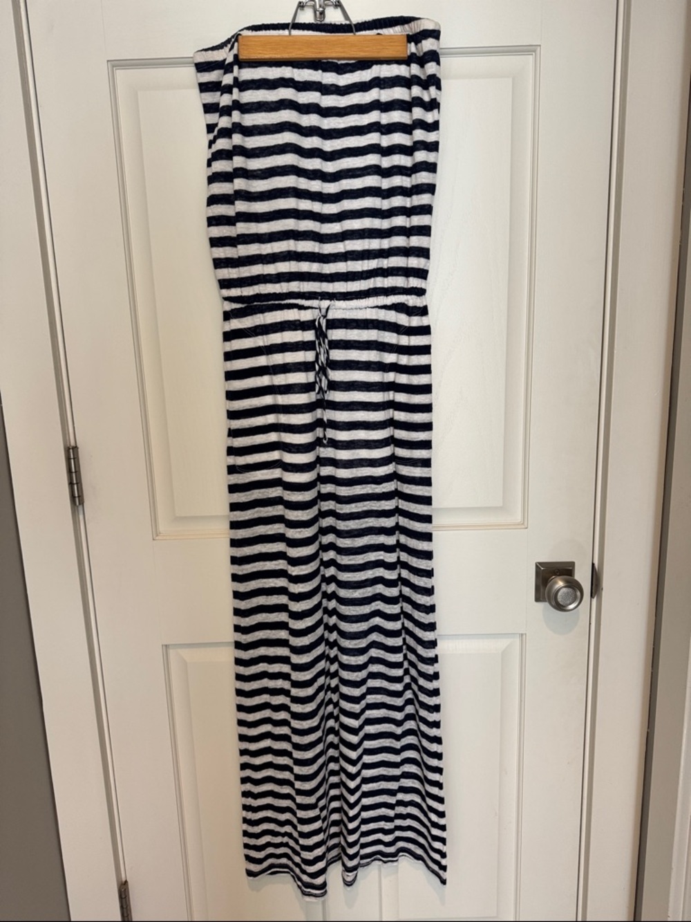 C&C California Navy and White Strapless Maxi Jumpsuit
